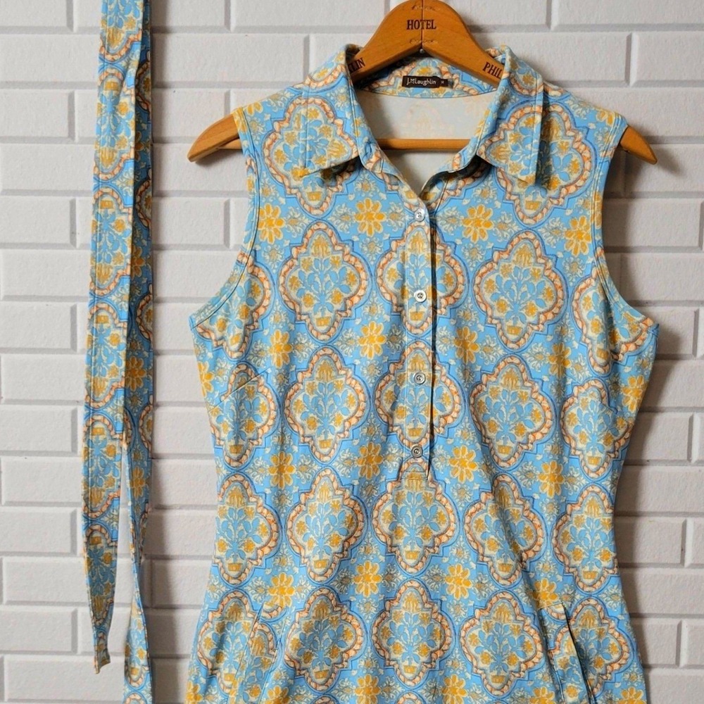 J. McLaughlin Dolly Dress Sz M Blue Medallion Catalina Cloth Belted Pockets